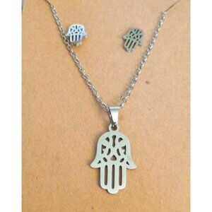 Hamsa Stainless Steel Jewelry Set 18" Necklace & Earrings Protection Gift NWT